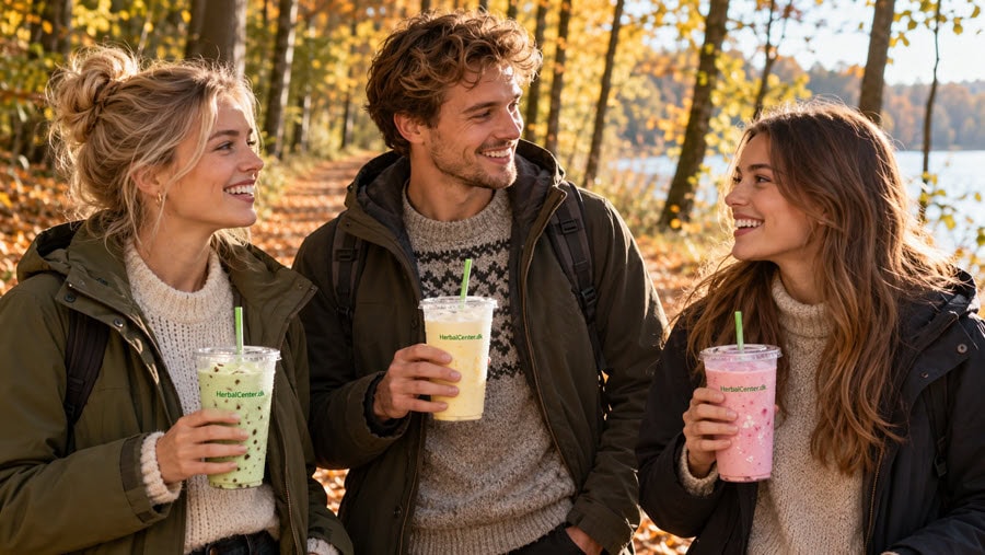 Tre venner på skovtur ved søen med mint-, banan- og hindbærshakes